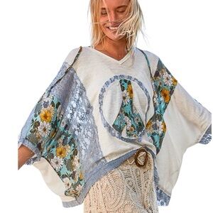 POL- V-NECK FLORAL PRINT MULTI COLOR PEACE PATCH OVERSIZED PULLOVER TOP L